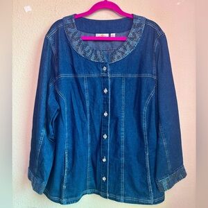 Quacker Factory Dark Blue Denim Rhinestone Embellished Button Front Jacket 3X